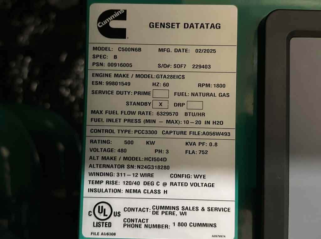 Cummins C500N6B Standby Natural Gas Generator